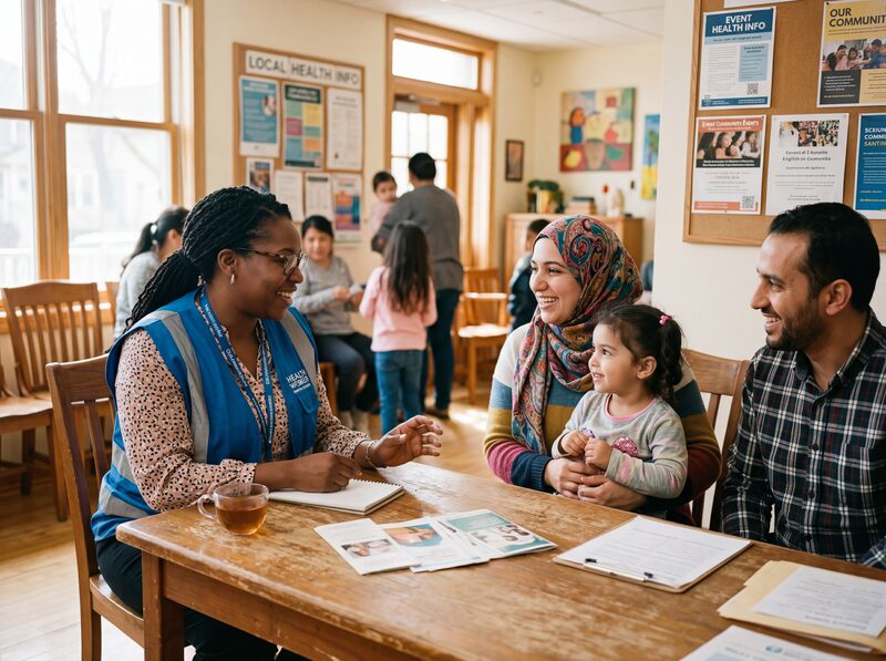 Community health worker connecting with a family