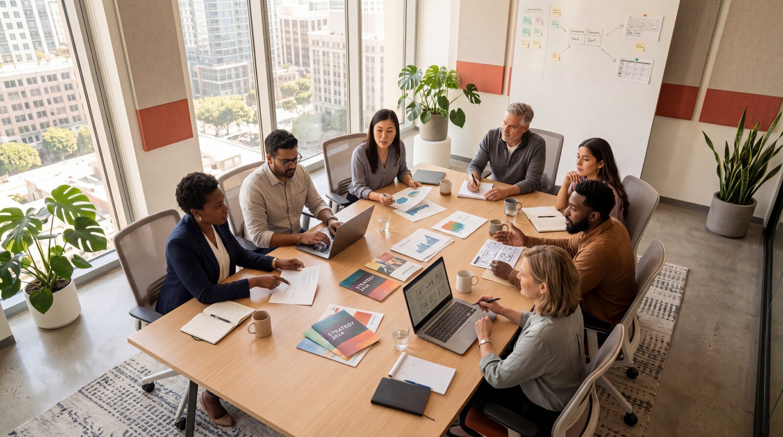 Team collaborating on communication strategy in a modern office